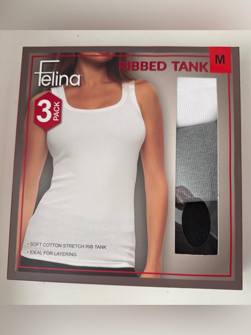 Felina Women's 3-Pack Soft Cotton Stretch Ribbed Tank, Black/White/Gray, Medium